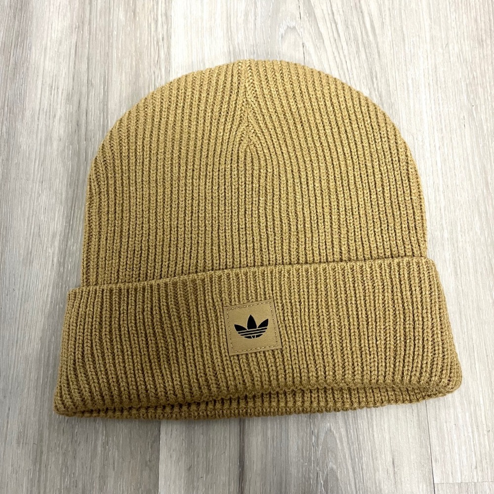 Adidas Beanie Hat Men's OS Tan Brown Ribbed‎ Trefoil Logo Patch Knit